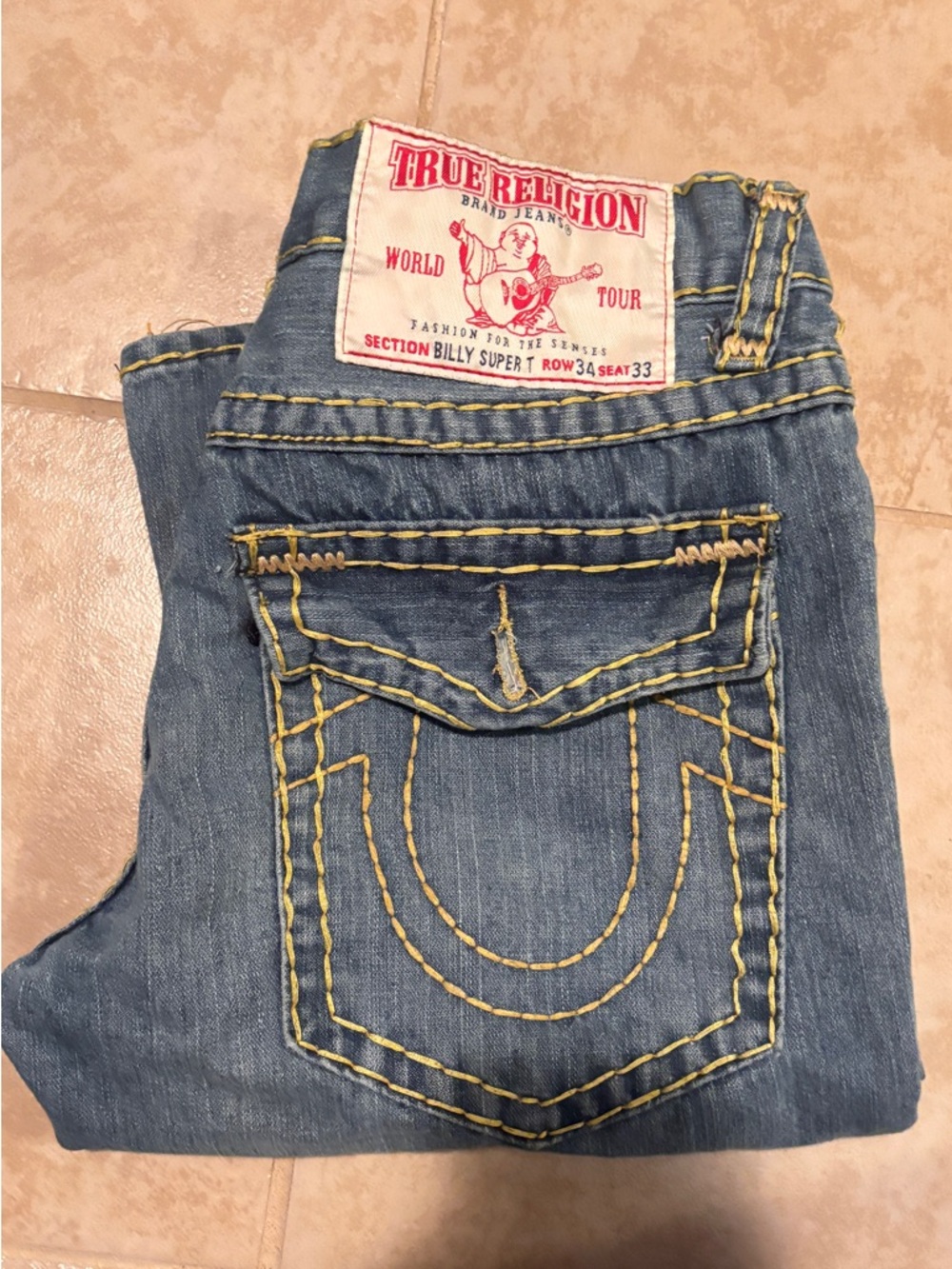 True Religion Women's Blue Bootcut Jeans with Yellow Stitching Vtg Y2K